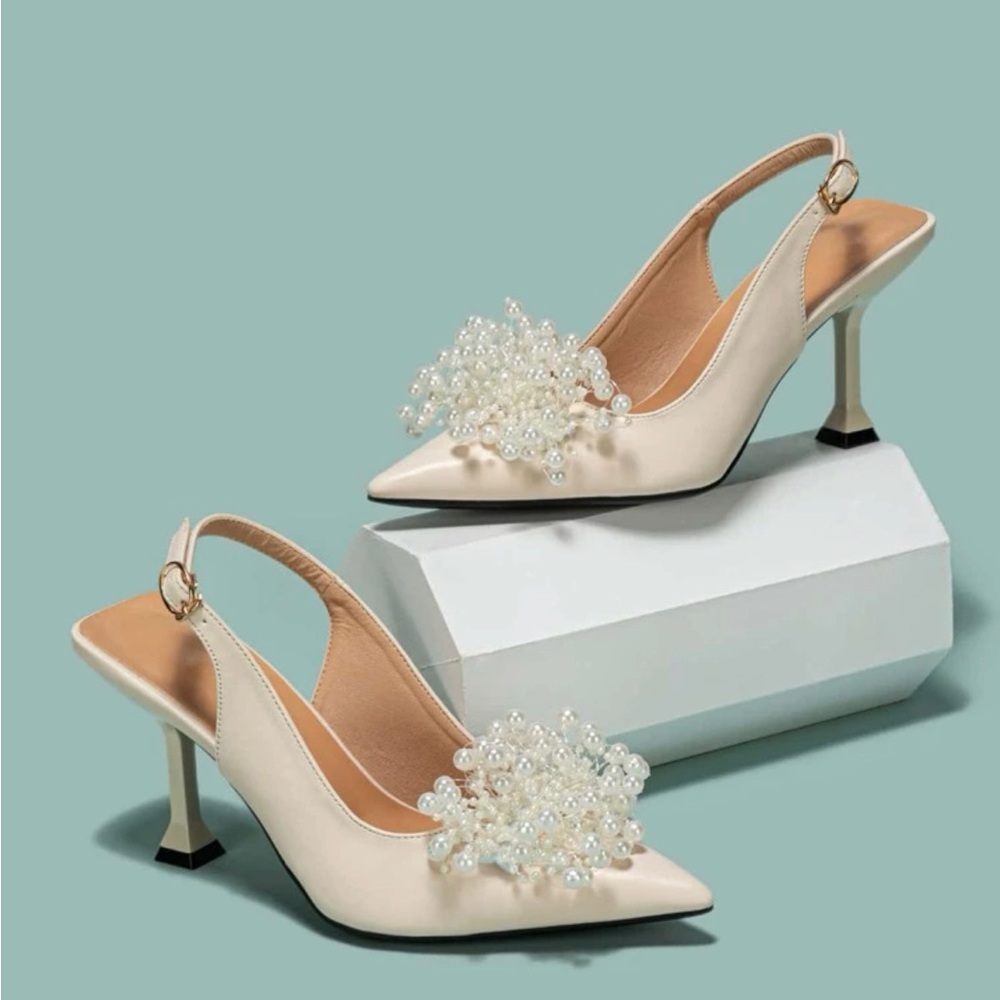 Faux Pearl Decor Point Toe Pyramid Heeled Slingback Pumps
